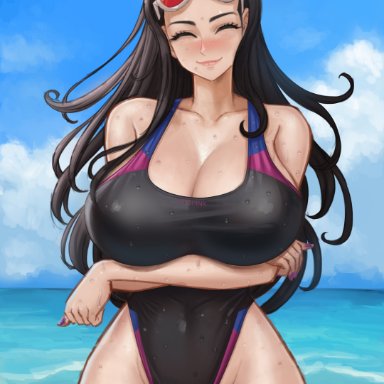 one piece, nico robin, kyopink, 1girls, arms crossed, arms under breasts, beach, black hair, black one-piece swimsuit, black swimsuit, breasts, closed eyes, clouds, competition swimsuit, highleg