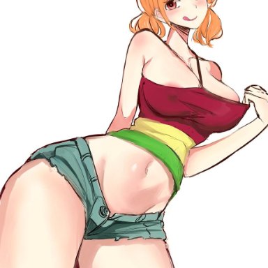 one piece, one piece film strong world, nami, kasumi6, 1girls, areola slip, areolae slip, arm up, big breasts, blush, clothed, clothes pull, clothing, female, female focus