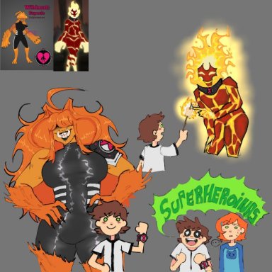 ben 10, chaquetrix, heatblast, pyronite, vulpimancer, wildmutt, fantasiarainbow, 1boy, 3girls, alien girl, dark-skinned female, fangs, fire, hidden eyes, large breasts