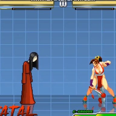 fatal fury, king of fighters, m.u.g.e.n, snk, the black heart, mai shiranui, noroko, misteryousmugenfutaeditor, mugenfutacharsmaker, 1futa, 1girls, asian, asian female, ball bulge, balls on floor