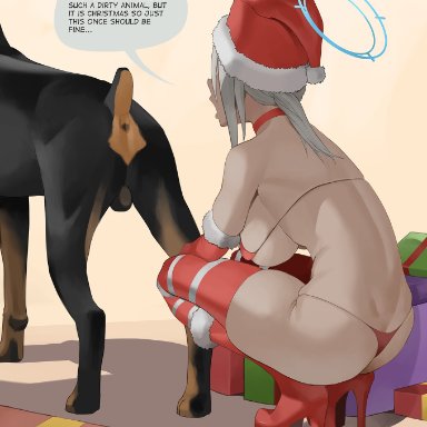 blue archive, christmas, shiroko (blue archive), cheezebawls, 1boy, 1girls, bikini, christmas outfit, dog, platform heels, presenting anus, thong, zoophilia, tagme