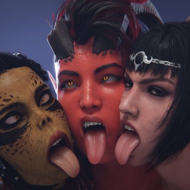 baldur's gate 3, karlach, lae'zel, shadowheart, smitty34, 3girls, black hair, horn, imminent facial, mouth open, tongue, tongue out, 3d, tagme