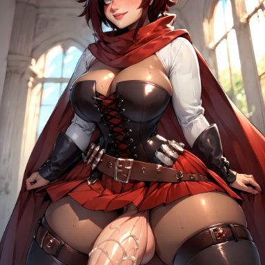 rwby, ruby rose, thicknesslord, 1futa, balls, ballsack, big breasts, boots, breasts, brown hair, corset, cum, cumming, curvaceous, curves