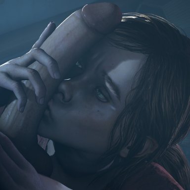 naughty dog, the last of us, ellie (the last of us), rapetacular, 1boy, 1girls, blowjob, brown hair, clothed, cock worship, fellatio, female, green eyes, human, imminent oral