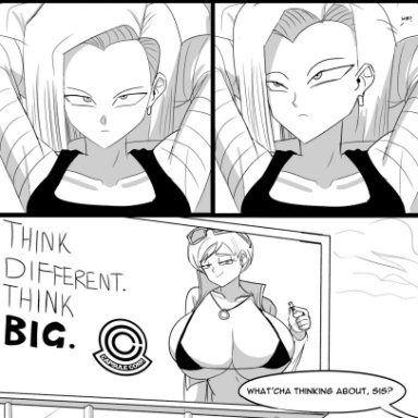 dragon ball, dragon ball z, android 17, android 18, bulma briefs, emmarrgus, alternate breast size, areola bulge, areolae, bikini, billboard, breast expansion, bursting breasts, car, cleavage