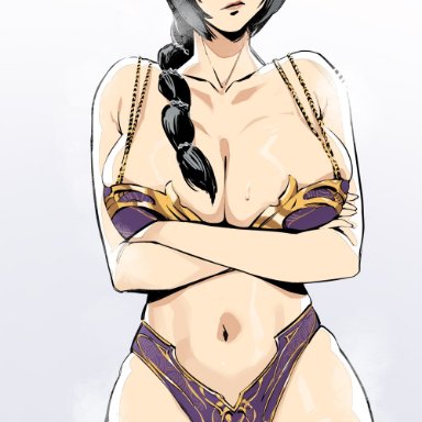 baldur's gate 3, shadowheart, club3, belly button, big breasts, black hair, blush, blush lines, bra, braided ponytail, crossed arms, elf ears, embarrassed, embarrassed female, liangjushuang