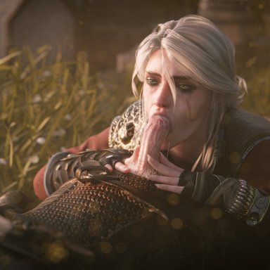 cd projekt red, the witcher (series), the witcher 3: wild hunt, ciri, geralt of rivia, ceeeeekc, 1boy, 1girls, alternate costume, blowjob, eye contact, eyeless male, eyeshadow, facial scar, female