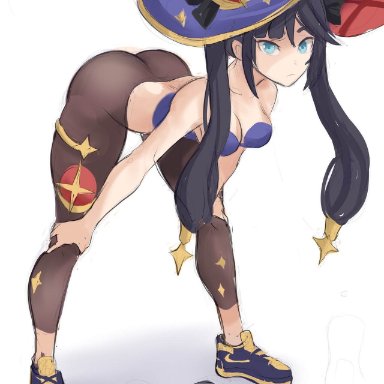 genshin impact, mona (genshin impact), rakeemspoon, 1girls, ass, blue eyes, breasts, legs spread, looking at viewer, solo, solo female, solo focus, witch hat, working out