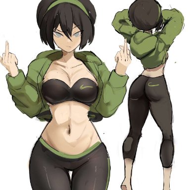 avatar the last airbender, toph bei fong, rakeemspoon, 1girls, ass, big ass, big breasts, breasts, curvaceous, curvy, middle finger, solo, solo female