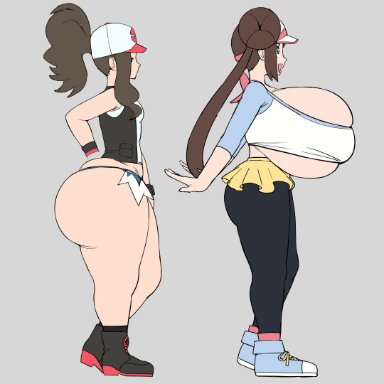 game freak, nintendo, pokemon, pokemon bw, pokemon bw2, hilda (pokemon), rosa (pokemon), grey impact, 2girls, ass, ass size difference, ass window, blue eyes, boob window, bottom heavy