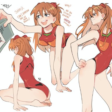 neon genesis evangelion, asuka langley sohryu, netapai,  waist, ass, bare ass, bare legs, bare thighs, barefoot, feet, kneeling, long hair, plugsuit, red hair, slim