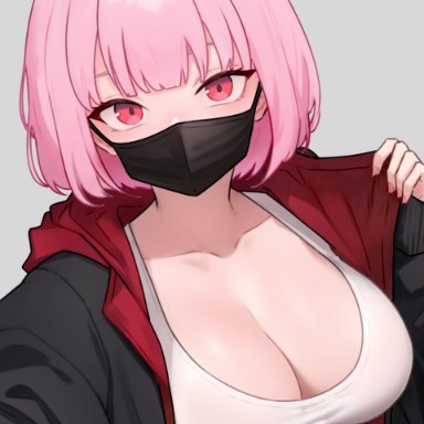 hololive, hololive english, hololive myth, mori calliope, bluefield, 1girls, alternate hairstyle, breasts, cleavage, female, huge breasts, light skin, light-skinned female, mask, naughty face