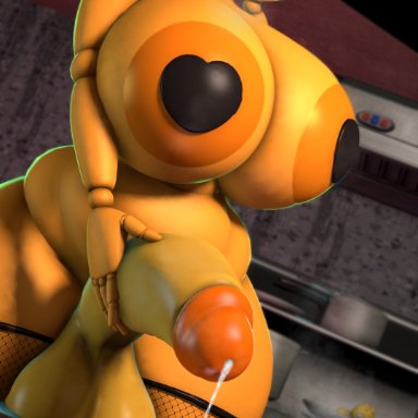 five nights at freddy's, scottgames, source filmmaker, chica (fnaf), toy chica (cyanu), toy chica (fnaf), sleeping isotope, appliance, balls, big breasts, big penis, bodily fluids, bone plates, breasts, clothing