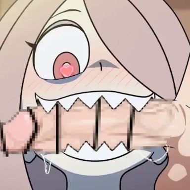 little witch academia, gigalleta, 1boy, 1boy1girl, 1girls, grey skin, hair over one eye, oral, pale skin, penis in mouth, shark teeth, animated, no sound, tagme, video