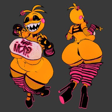 five nights at freddy's, five nights at freddy's 2, toy chica (cyanu), toy chica (fnaf), cryptiacurves, 1girls, animatronic, arm warmers, armwear, ass, ass cleavage, ass focus, ass shot, ass up, bare midriff