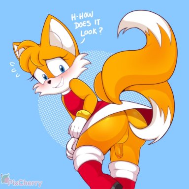 sega, sonic (series), sonic the hedgehog (series), amy rose (cosplay), tails, cherrypix, anthro, ass, balls, blue eyes, blush, boots, canid, canine, clothed