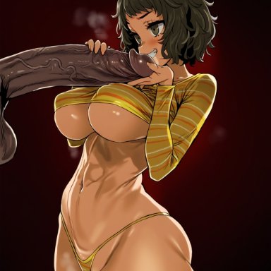 atlus, persona, persona 5, shin megami tensei, sadayo kawakami, osyasenpai, 1boy, abs, black hair, black penis, blush, breasts, brown eyes, covered nipples, dark skin