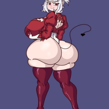 helltaker, nier: automata, lucifer (helltaker), yorha 2b (cosplay), inakotho, ass, huge ass, looking back, red outfit, thick thighs, 2024