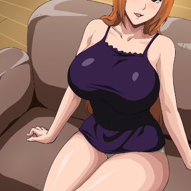 bleach, inoue orihime, iwao178, 1girls, before sex, big breasts, bottomless, breasts, busty, cleavage, couch, dress, female, female only, huge breasts