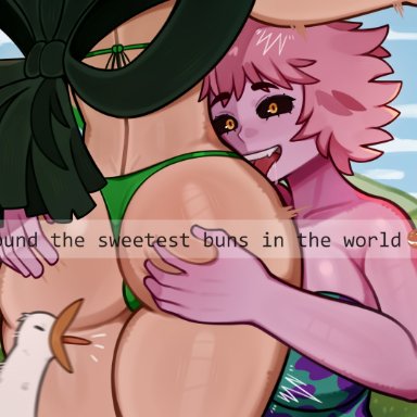 my hero academia, mina ashido, tsuyu asui, melonpuff, 2girls, ass, big ass, big breasts, big butt, bikini, bikini bottom, bikini top, cleavage, eyebrows, female