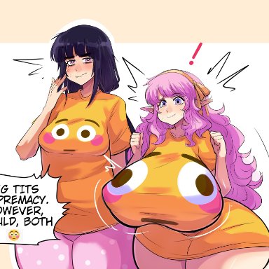original, original character, pinkkoffin, 2girls, breast size difference, breasts, female, flushed emoji, flushed emoji shirt, huge breasts, light skin, light-skinned female, long hair, massive breasts, pink hair