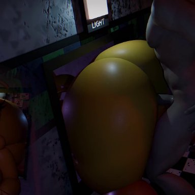 five nights at freddy's, chica (fnaf), toy chica (fnaf), toy chica (love taste), dahsharky, 1boy, 1boy1girl, 1girl, 1girls, ambiguous penetration, animatronic, anthro, ass, bib, bib only