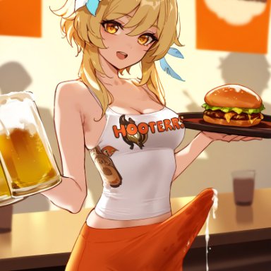 genshin impact, hooters, lumine (genshin impact), doseogwan, 1futa, alcohol, ball bulge, balls, balls under clothes, beer, beer mug, blonde hair, breasts, bulge, bulge through clothing