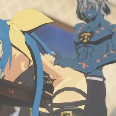 guilty gear, guilty gear strive, guilty gear xrd, dizzy (guilty gear), happy chaos, cumskeleton, jellyfishjubilee, rouge nine, rougenine, 1boy, abs, blue hair, blue skin, blue-skinned male, bouncing breasts