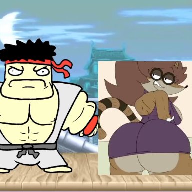 doobus goobus, regular show, street fighter, youtube, rigbette (benson dancing), rigby (regular show), ryu (street fighter), divine wine, anthro, ass clapping, cutoff, female, funny, no panties, twerk