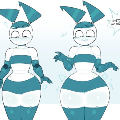 my life as a teenage robot, nickelodeon, jenny wakeman, zetaskully, 1girls, big ass, big hips, big thighs, blue hair, blush, bottom heavy, embarrassed, expansion, expansion sequence, flat chest