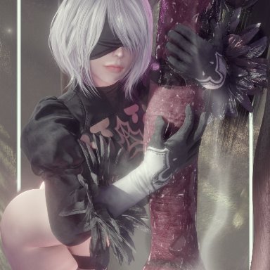 nier: automata, yorha 2b, nashandraffxiv, android, blindfold, cock worship, horse, horse penis, horsecock, short hair, white hair, zoophilia, blender