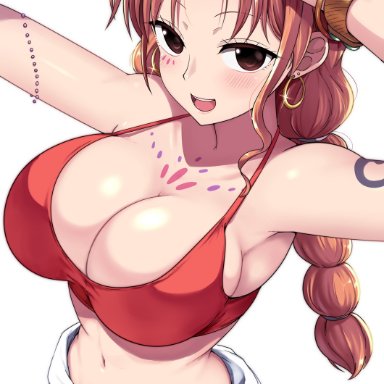 one piece, shounen jump, nami, nami (one piece), kasai shin, 1girls, accessories, arm tattoo, armlet, arms up, bare arms, bare shoulders, big breasts, blush, blush lines