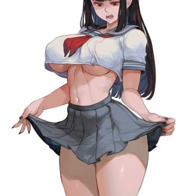 aged up, bangs, black hair, fangs, large breasts, long hair, looking down, moniker smith's bloodlines, narrow waist, pale skin, pointed ears, pointy ears, red eyes, school uniform, schoolgirl