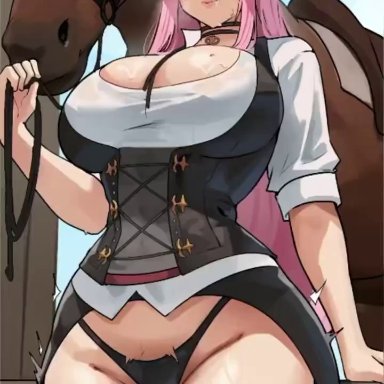 hololive, hololive english, hololive myth, mori calliope, cromwellb, pace r18, 1animal, 1girls, breasts, cowboy hat, cum in mouth, female, hat, horse, huge breasts