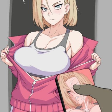 dragon ball, dragon ball super, android 18, mikoyan, 1boy, after fellatio, blonde hair, blue eyes, blush, breasts, bukkake, cellphone, cellphone photo, cleavage, cum