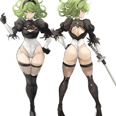 nier: automata, one-punch man, tatsumaki, yorha 2b (cosplay), rakeemspoon, 1girls, annoyed, ass, big ass, breasts, curly hair, green eyes, green hair, looking at viewer, looking back