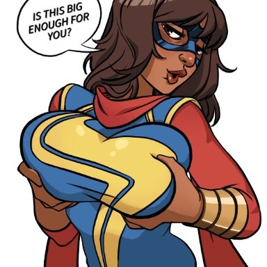 marvel, marvel comics, kamala khan, ms. marvel, 1girls, big breasts, bracelet, brown eyes, brown hair, brown skin, brown skinned female, costume, elastic, elastic body, enlarged breasts