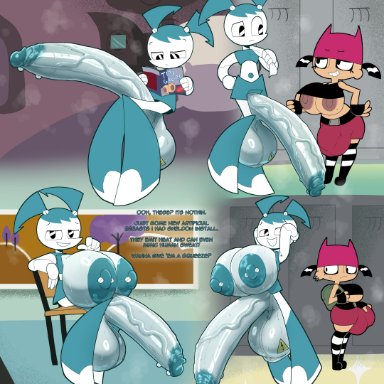 my life as a teenage robot, jenny wakeman, tiff crust, starykrow, 2futas, areolae, balls, breast envy, breast expansion, breasts, casual, casual nudity, classroom, clothed, clothing