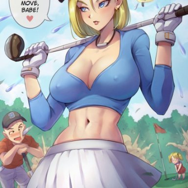 dragon ball, android 18, krillin, kuririn, marron, son goten, trunks (dragon ball), trunks briefs, jammeryx, abs, big breasts, black hair, blonde hair, blue eyes, blush