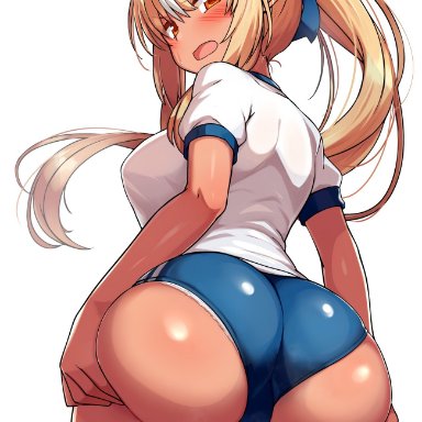 hololive, shiranui flare, alternate costume, angry, blush, buruma, cameltoe, dat ass, dumptruck ass, embarrassed, from behind, gym uniform, heavy blush, holding ass, huge ass