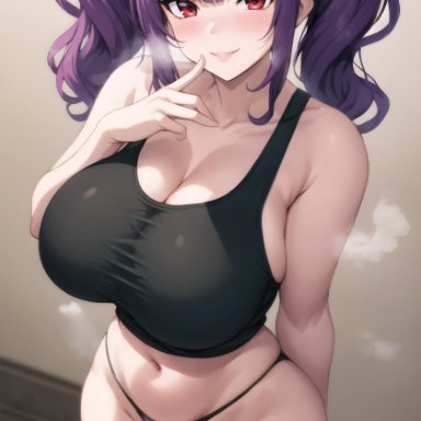 azur lane, pola (azur lane), stuffyai, 1girls, breasts, crop top, female, huge breasts, light skin, light-skinned female, long hair, midriff, panties, purple hair, red eyes