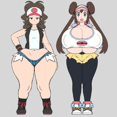 game freak, nintendo, pokemon, pokemon bw, pokemon bw2, hilda (pokemon), rosa (pokemon), grey impact, 2girls, ass, ass size difference, ass window, blue eyes, boob window, bottom heavy