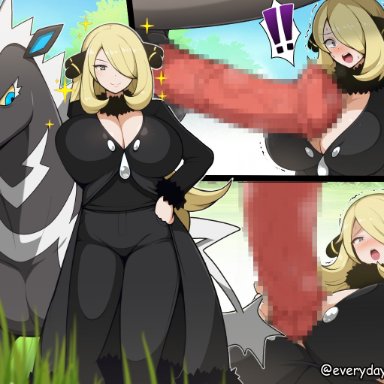 nintendo, pokemon, cynthia (pokemon), generation 5 pokemon, pokemon (species), pokemon champion, zebstrika, everyday2, animal genitalia, animal penis, big breasts, big penis, blonde hair, blue eyes, blush