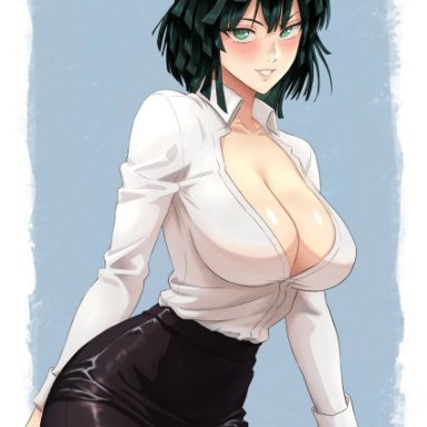 one-punch man, fubuki (one-punch man), jedbanner, big breasts, blush, breasts, busty, cleavage, green eyes, green hair, looking at viewer, mature female, milf, miniskirt, office lady