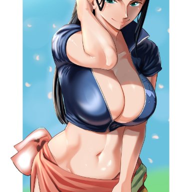 one piece, shounen jump, nico robin, castell, 1girls, arm up, bare arms, big breasts, black hair, blue eyes, clothed, clothing, female, female focus, female only