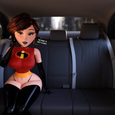 the incredibles, helen parr, smitty34, 1girls, black lipstick, breasts, female, female only, large breasts, lipstick, looking at viewer, makeup, mascara, mature female, milf