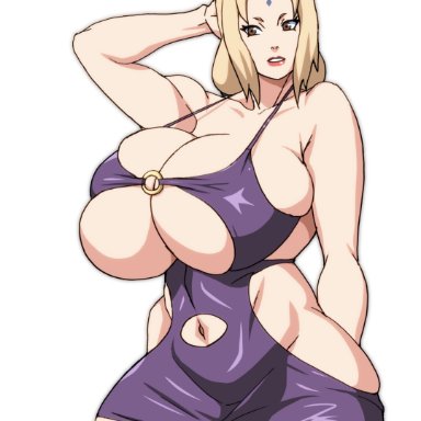 naruto, naruto (series), naruto shippuden, tsunade, naruho, big breasts, blonde hair, breasts, dress, female, female only, simple background, tight clothing