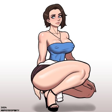 capcom, resident evil, resident evil 3, jill valentine, mrpotatoparty, 1girls, ass, belly button, big ass, big breasts, big lips, blue hair, bottom heavy, bottomwear, breasts