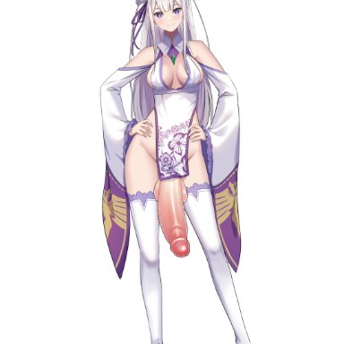 emilia (re:zero), comradlevy, levy (comradlevy), 1futa, balls, bottomless, breasts, chinese clothes, cleavage, clothed, clothing, detached sleeves, erection, futa only, futanari