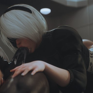 nier: automata, yorha 2b, yorha 9s, nynx, 1girls, 2boys, 69, android, ball sucking, bisexual, bisexual male, collaborative fellatio, cum, cum in mouth, dark-skinned male